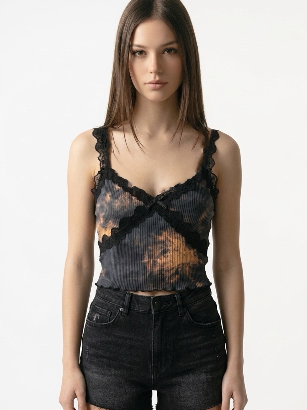 SHEIN | Lace-Trim Ribbed Tie-Dye Tank Top in Black Women’s Size Large
